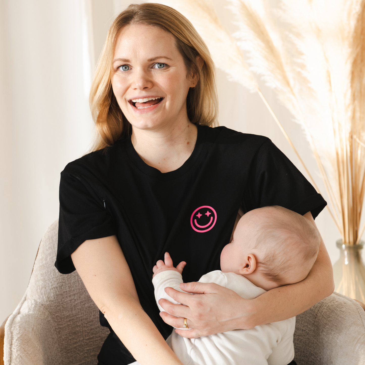 mom feeding baby in milkmates mom era nursing t-shirt