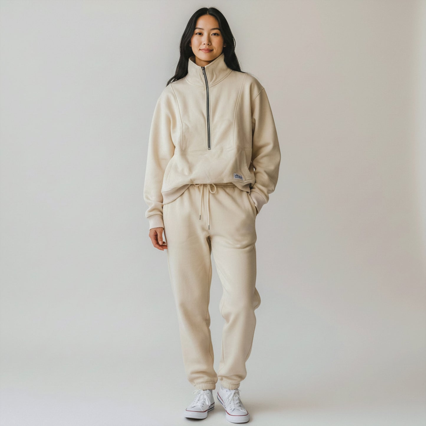 woman wearing beige milkmates nursing sweater and sweatpants set - front view
