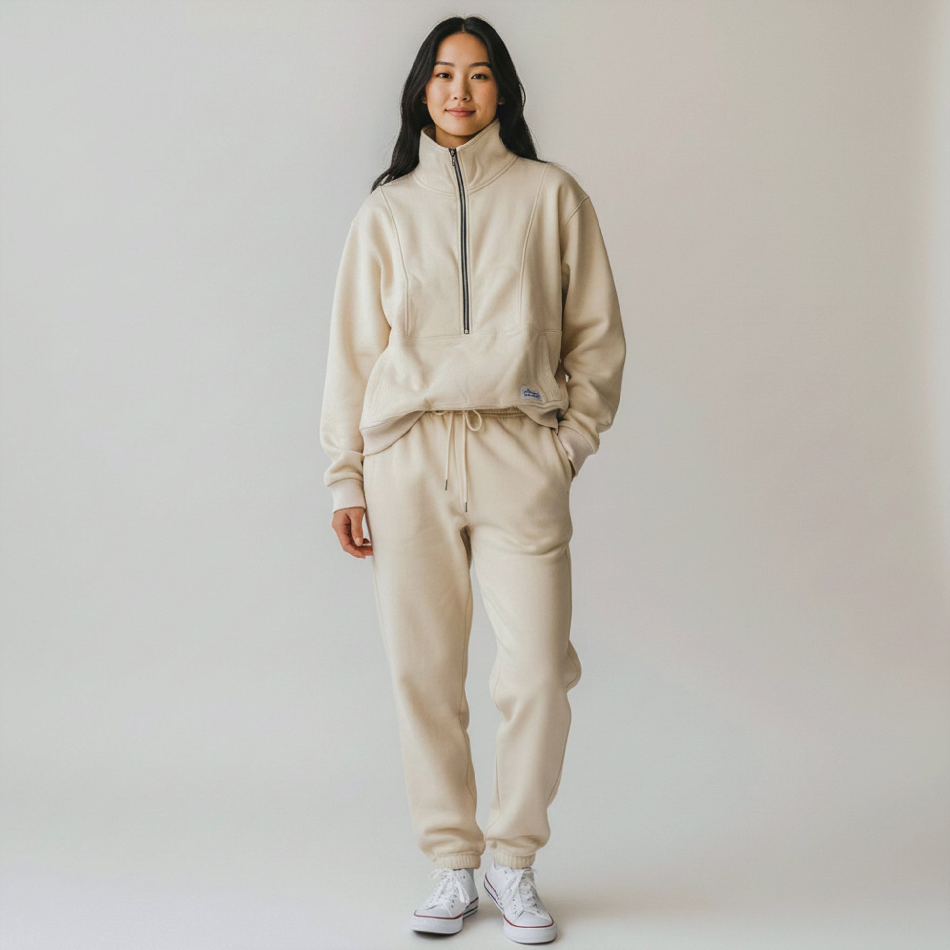 woman wearing beige milkmates nursing sweater and sweatpants set - front view