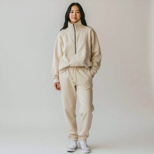 woman wearing beige milkmates nursing sweater and sweatpants set - front view