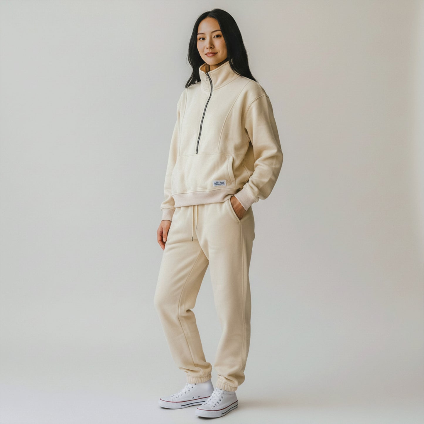 woman wearing beige milkmates nursing sweater and sweatpants set - side view