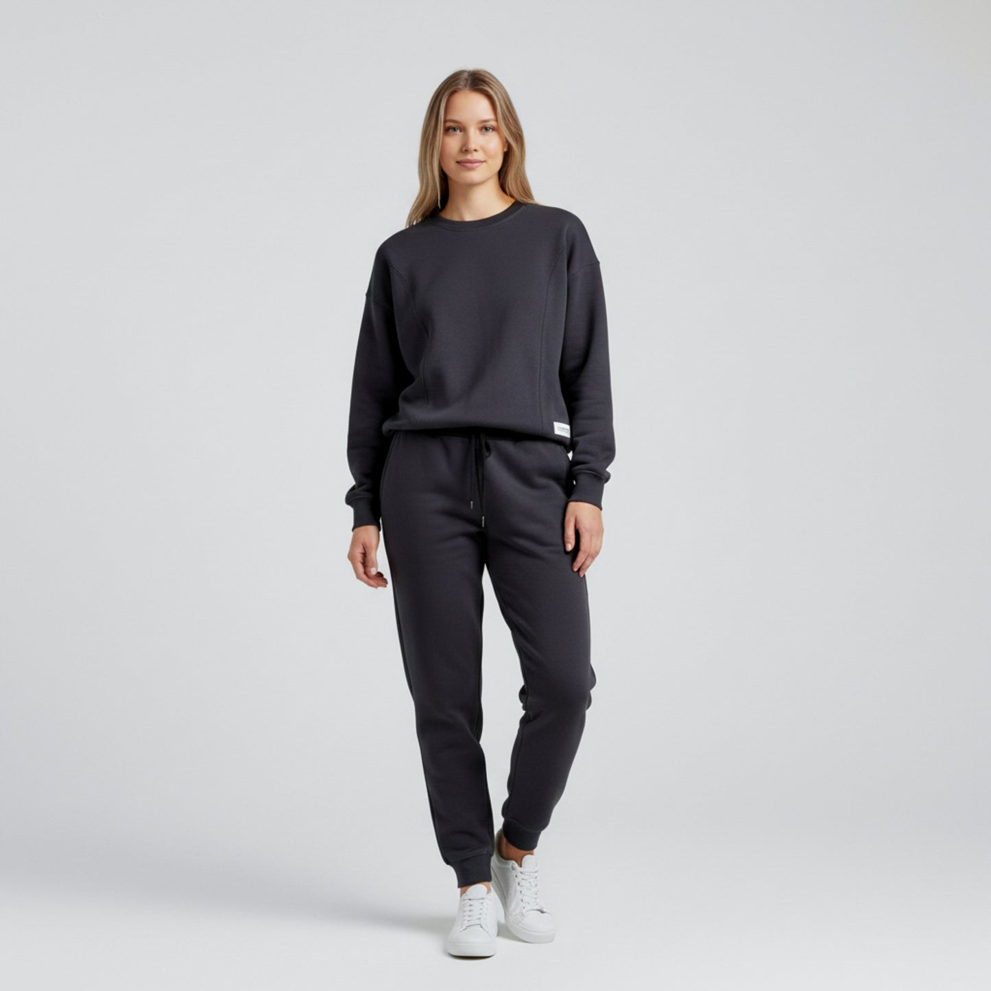 Woman wearing milkmates nursing sweater and sweatpants set - front view