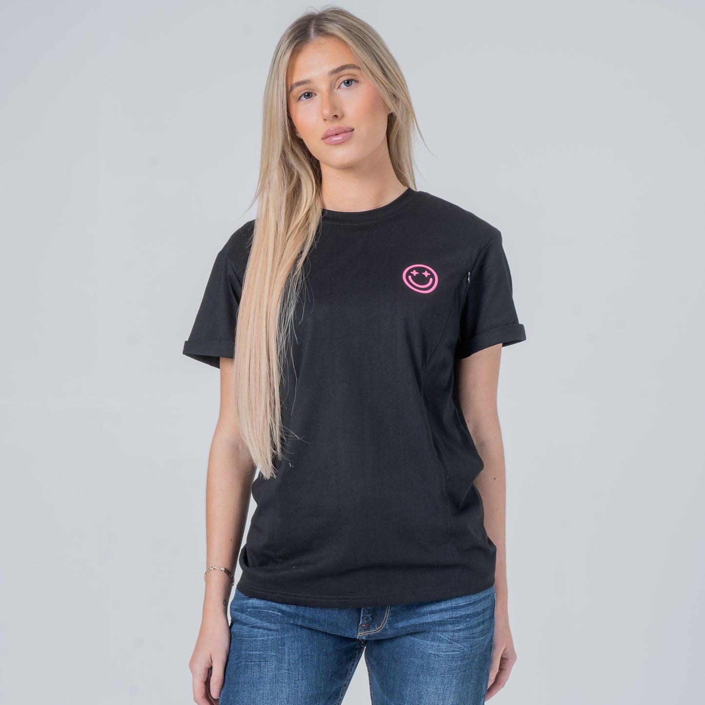 woman wearing milkmates black nursing tee front 3/4 body
