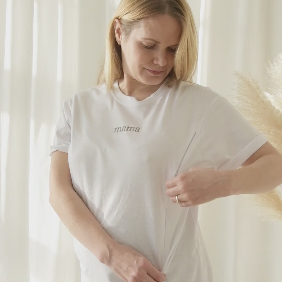 mother using milkmates nursing t-shirt